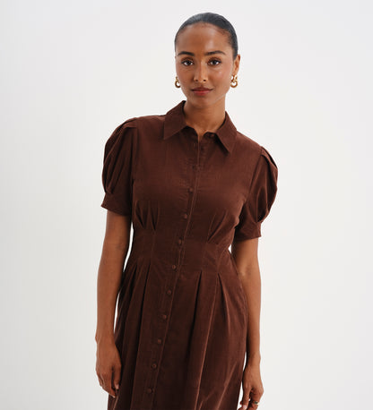 Anika Brown Corduroy Puff Sleeve Midi Shirt Dress