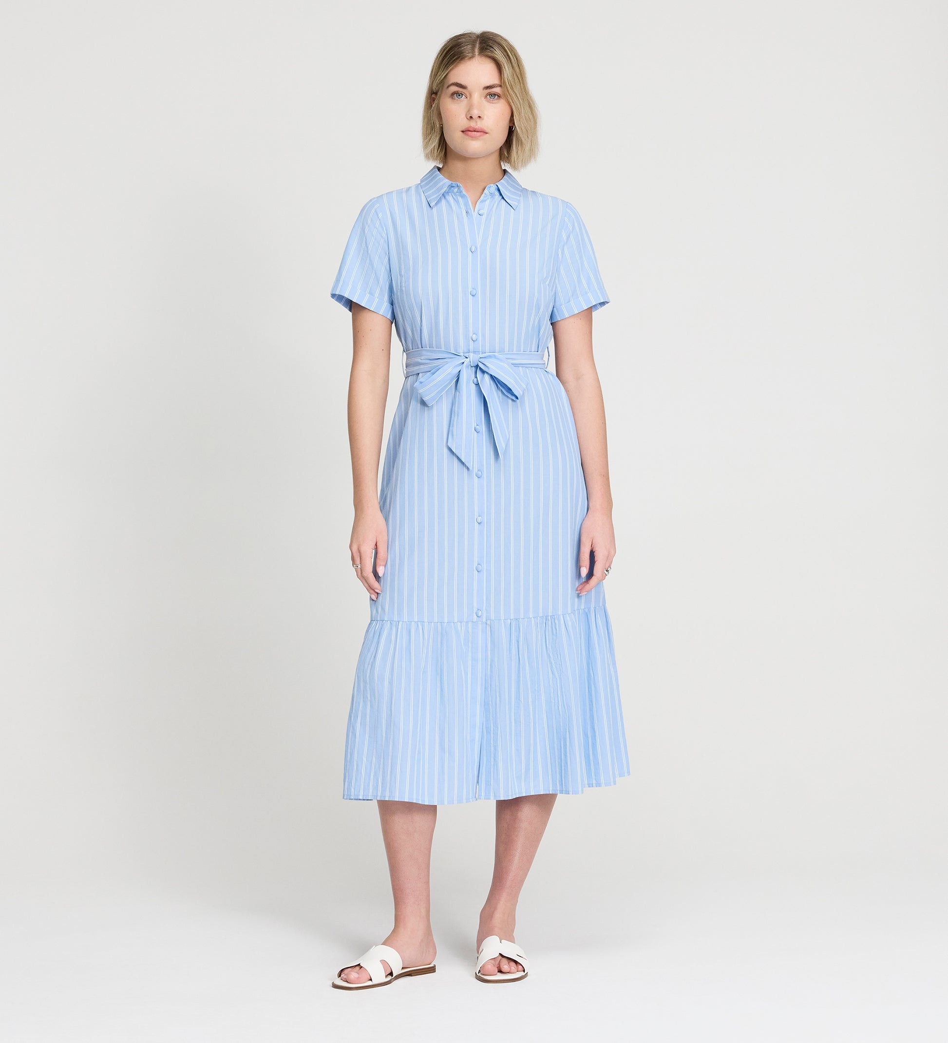 button front linen midi dress in faded indigo stripe Button-front Linen Midi Dress In Faded Indigo Stripe For Women