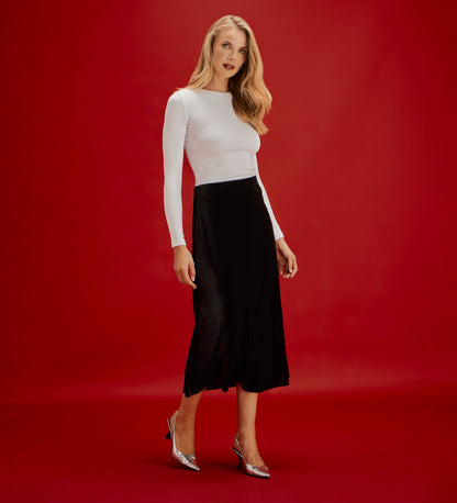 Bailey Black Jersey Velvet A-Line Midi Skirt