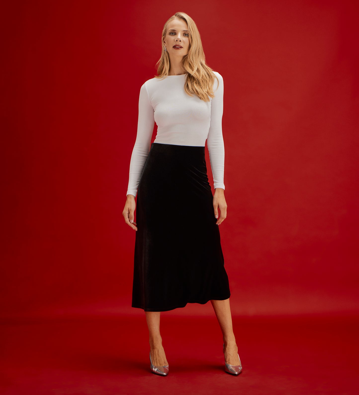 Bailey Black Jersey Velvet A-Line Midi Skirt