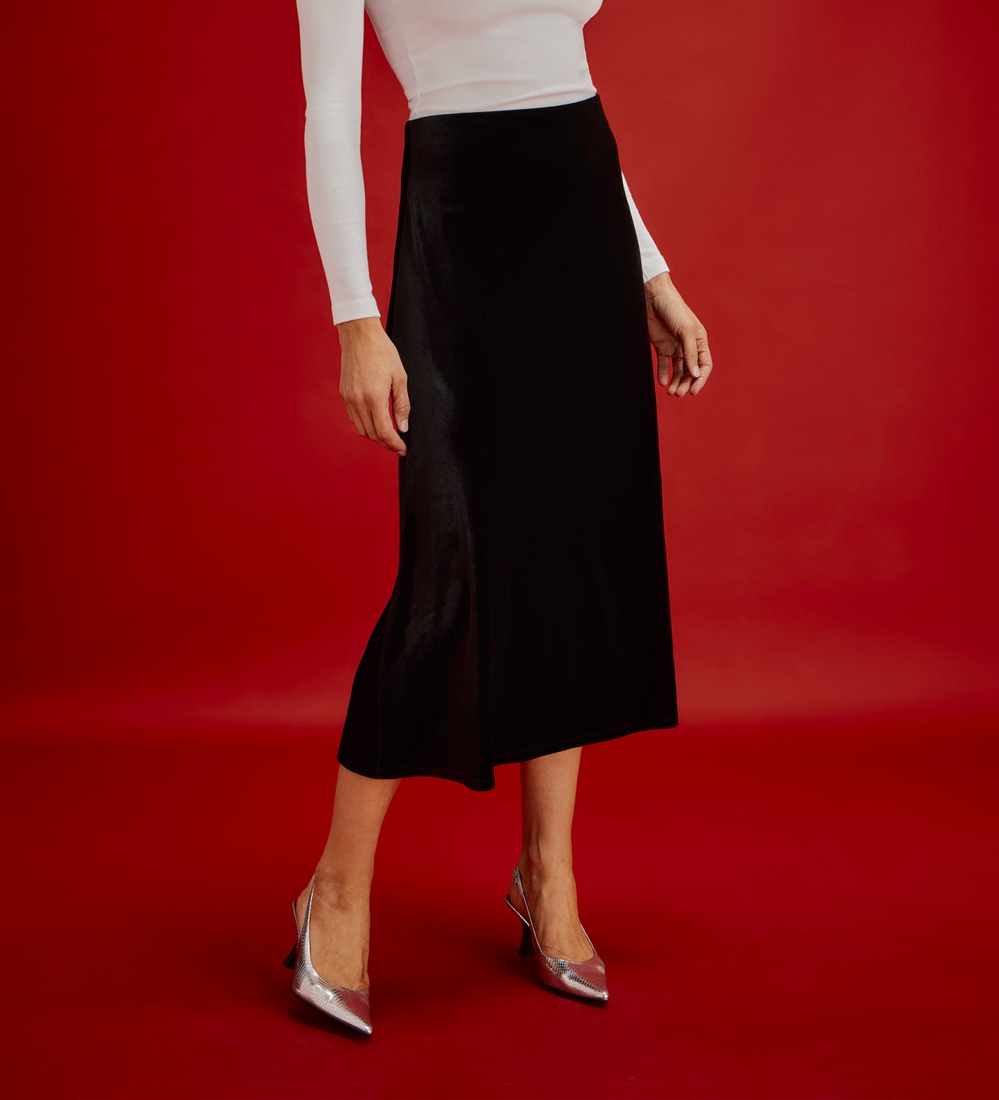 Bailey Black Jersey Velvet A-Line Midi Skirt