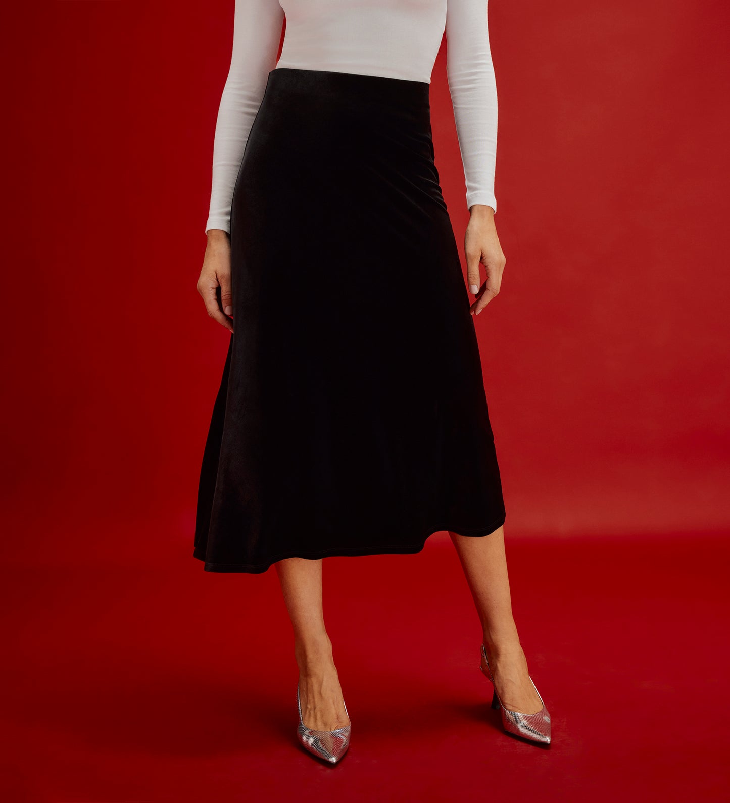 Bailey Black Jersey Velvet A-Line Midi Skirt
