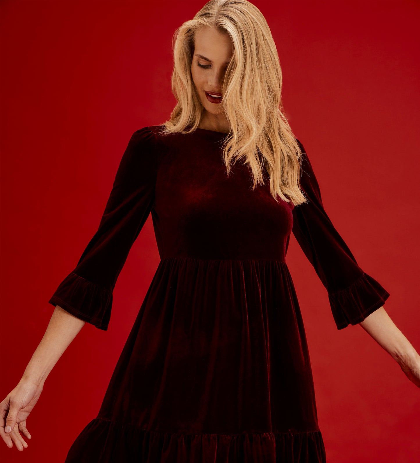 Camie Burgundy Velvet Ruffle Cuff Tiered Mini Dress