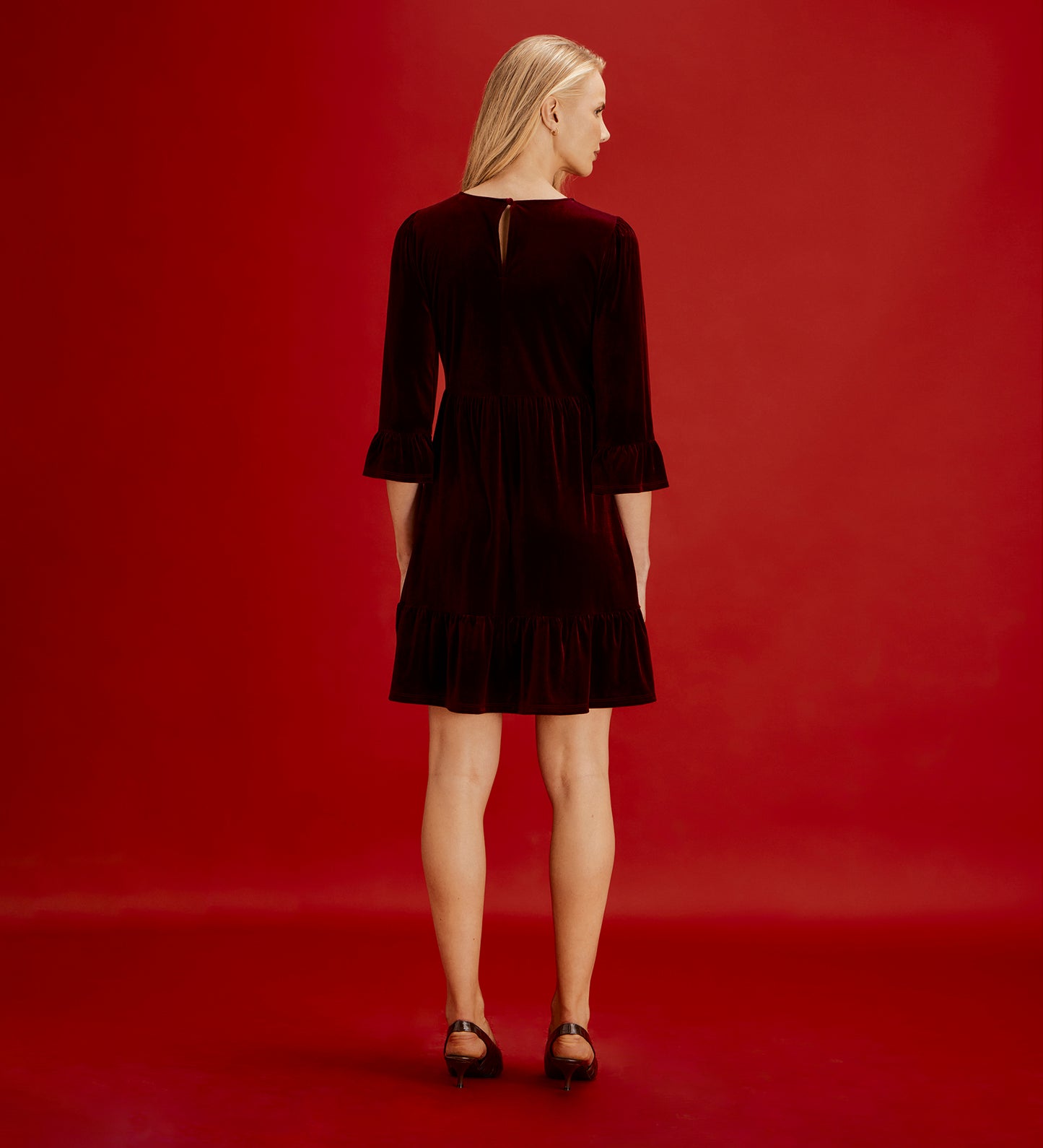 Camie Burgundy Velvet Ruffle Cuff Tiered Mini Dress
