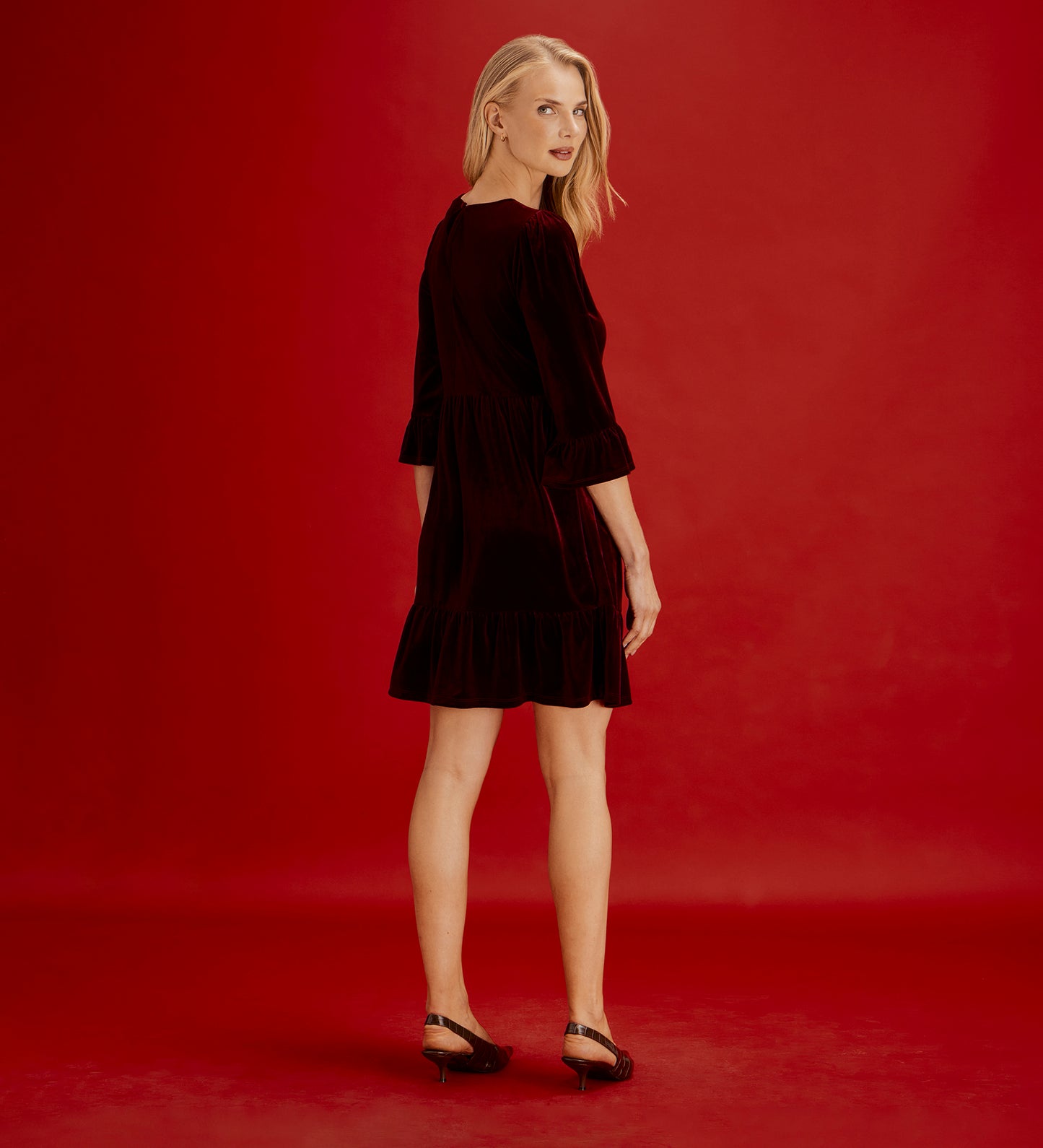 Camie Burgundy Velvet Ruffle Cuff Tiered Mini Dress