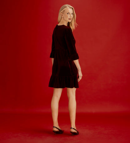 Camie Burgundy Velvet Ruffle Cuff Tiered Mini Dress