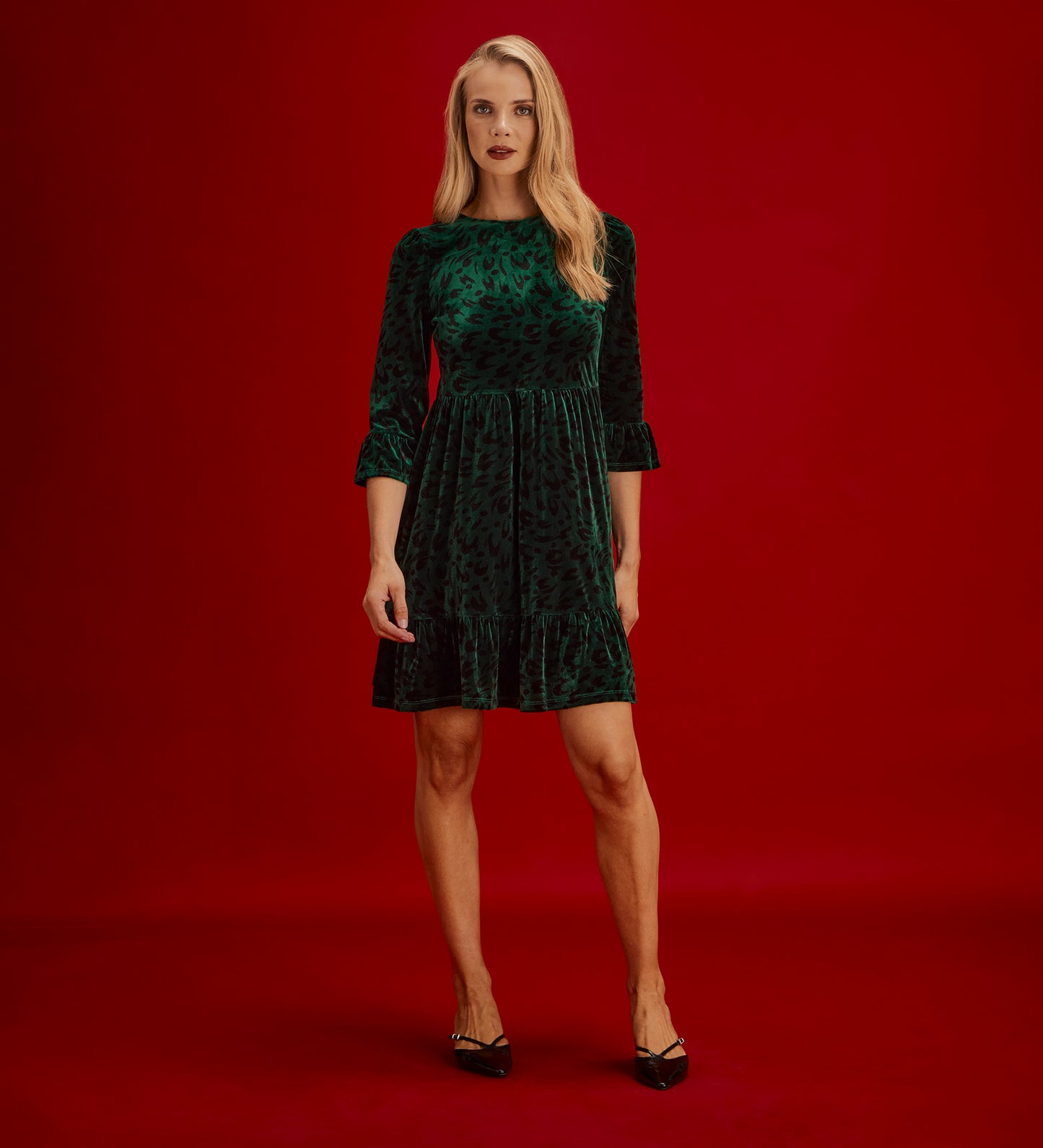 Camie Green Animal Velvet Ruffle Cuff Tiered Mini Dress