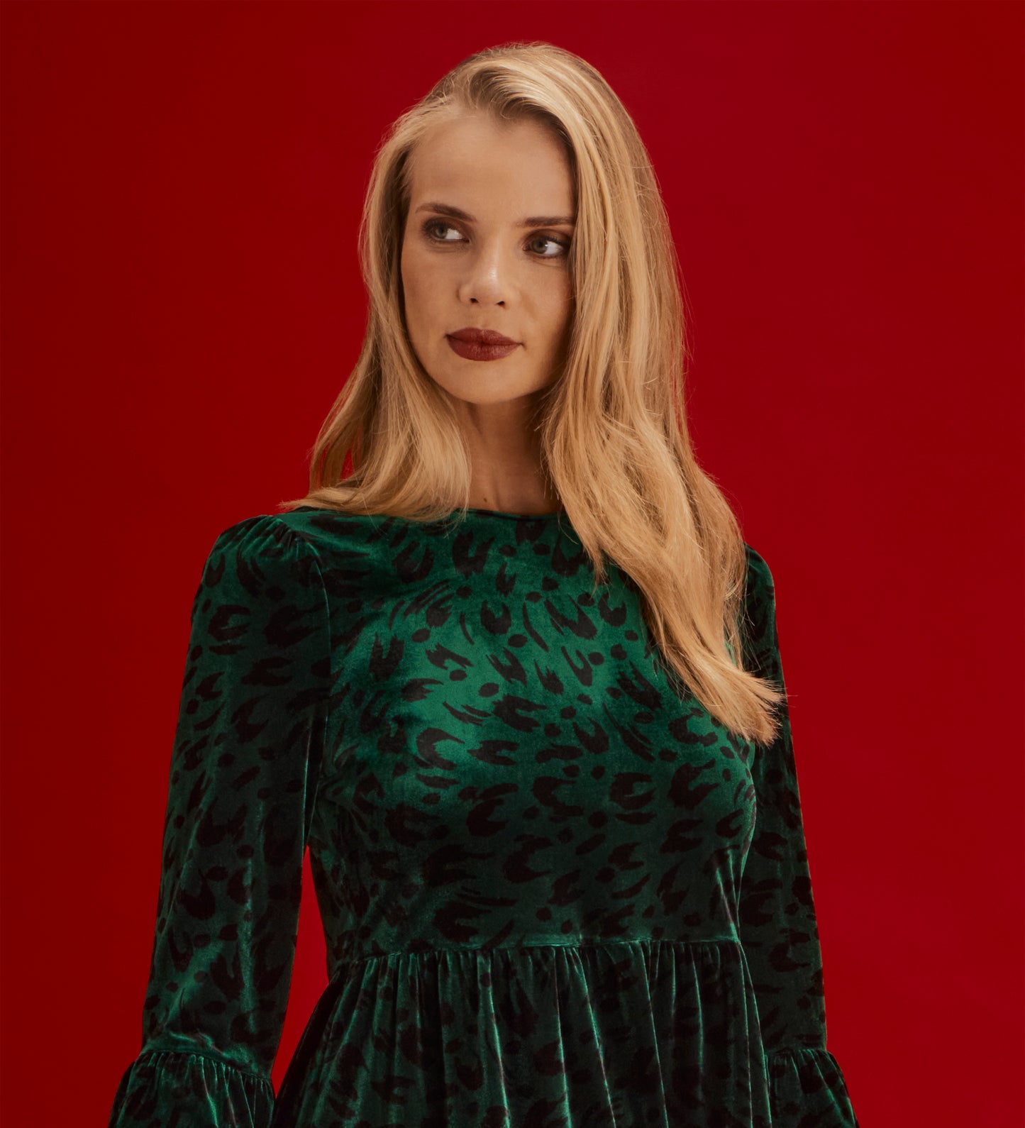 Camie Green Animal Velvet Ruffle Cuff Tiered Mini Dress