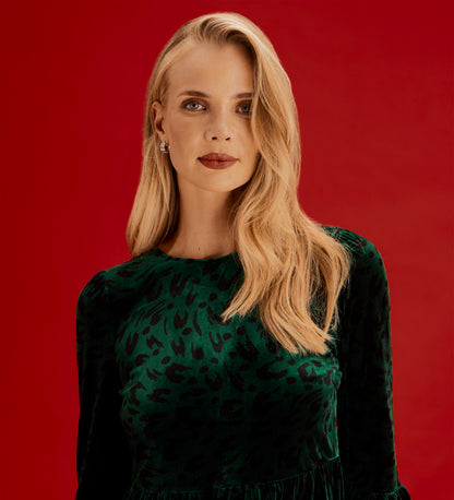 Camie Green Animal Velvet Ruffle Cuff Tiered Mini Dress