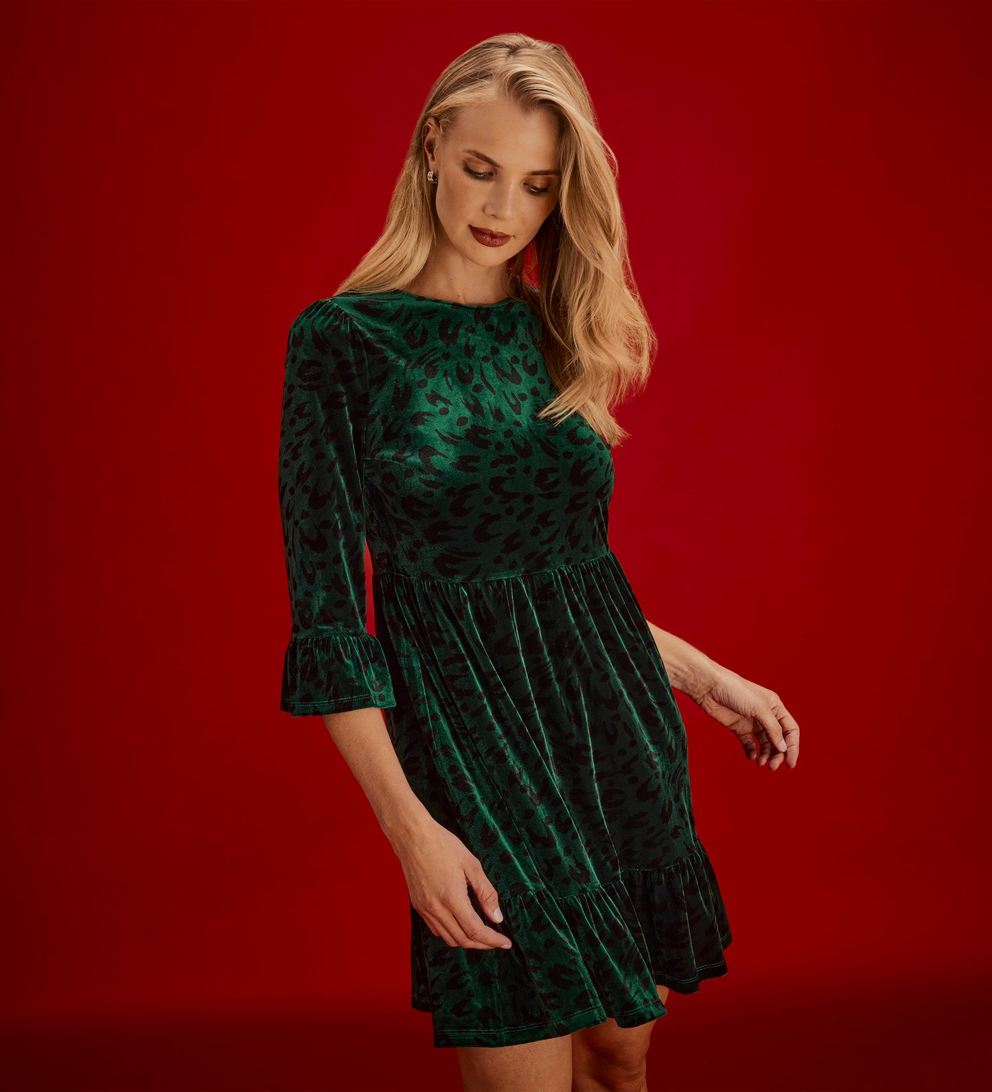 Camie Green Animal Velvet Ruffle Cuff Tiered Mini Dress