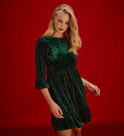 Camie Green Animal Velvet Ruffle Cuff Tiered Mini Dress
