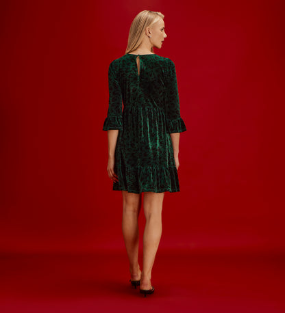 Camie Green Animal Velvet Ruffle Cuff Tiered Mini Dress