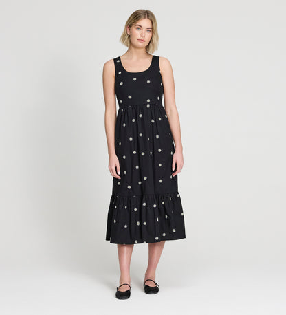 Cara Black Embroidered Cotton Sleeveless Tiered Midi Dress
