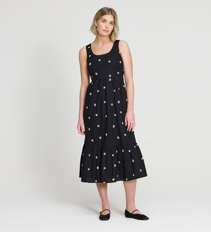 Cara Black Embroidered Cotton Sleeveless Tiered Midi Dress