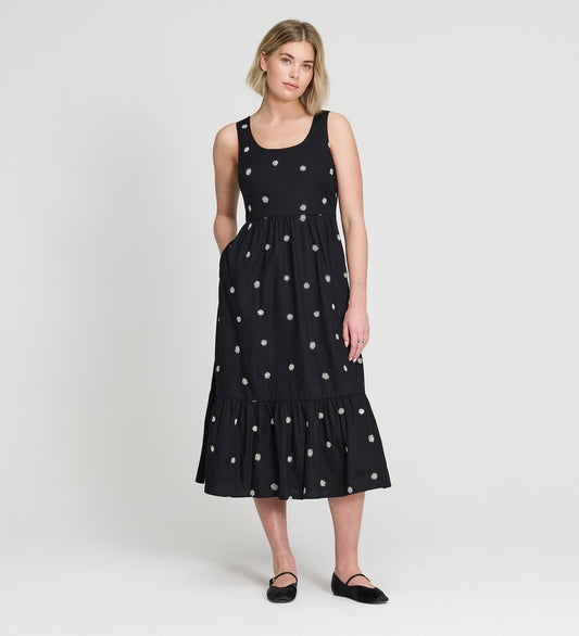 Cara Black Gingham Seersucker Tiered Midi Dress