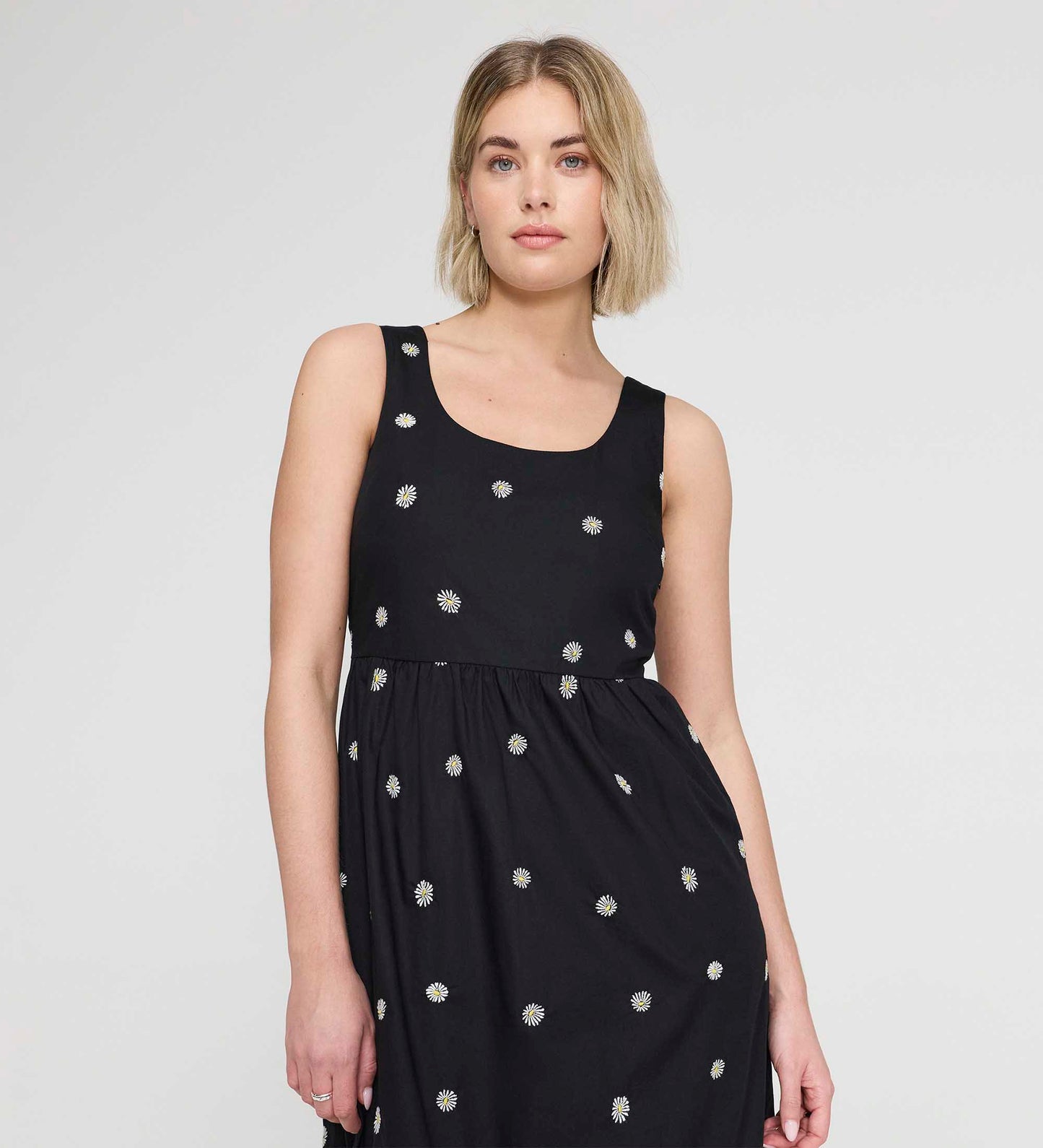 Cara Black Embroidered Cotton Sleeveless Tiered Midi Dress