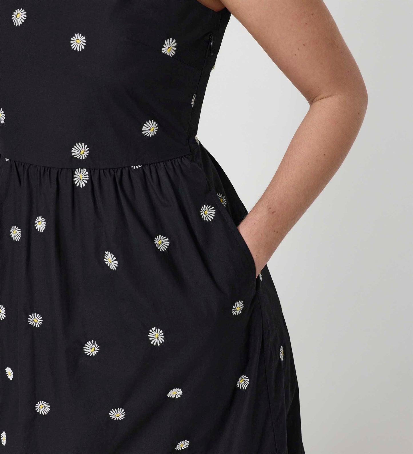 Cara Black Embroidered Cotton Sleeveless Tiered Midi Dress