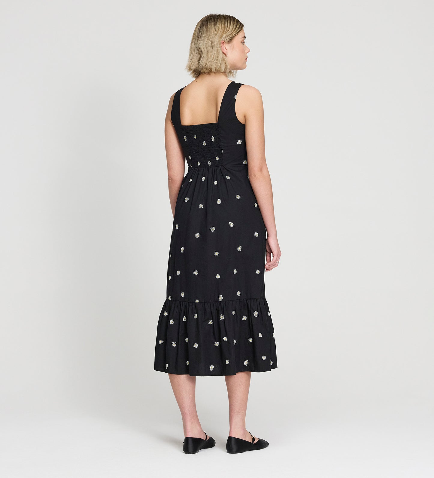 Cara Black Embroidered Cotton Sleeveless Tiered Midi Dress