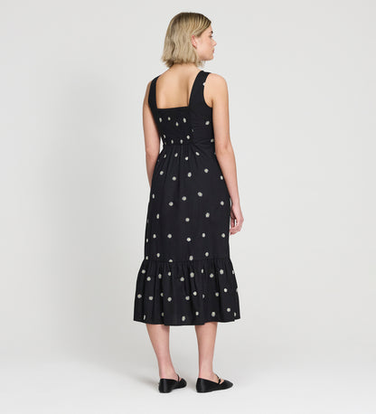 Cara Black Embroidered Cotton Sleeveless Tiered Midi Dress
