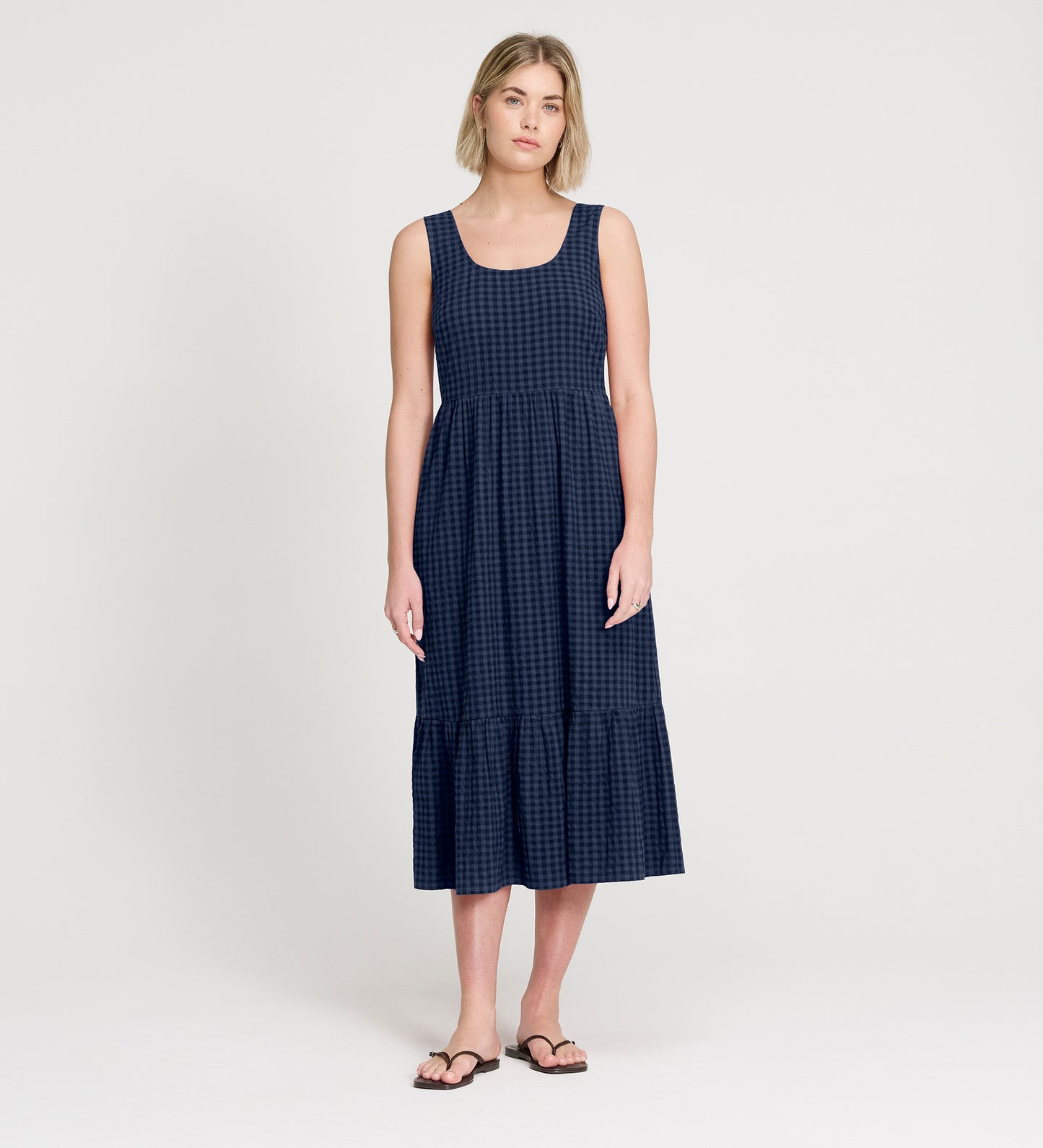 Cara Navy Gingham Seersucker Tiered Midi Dress