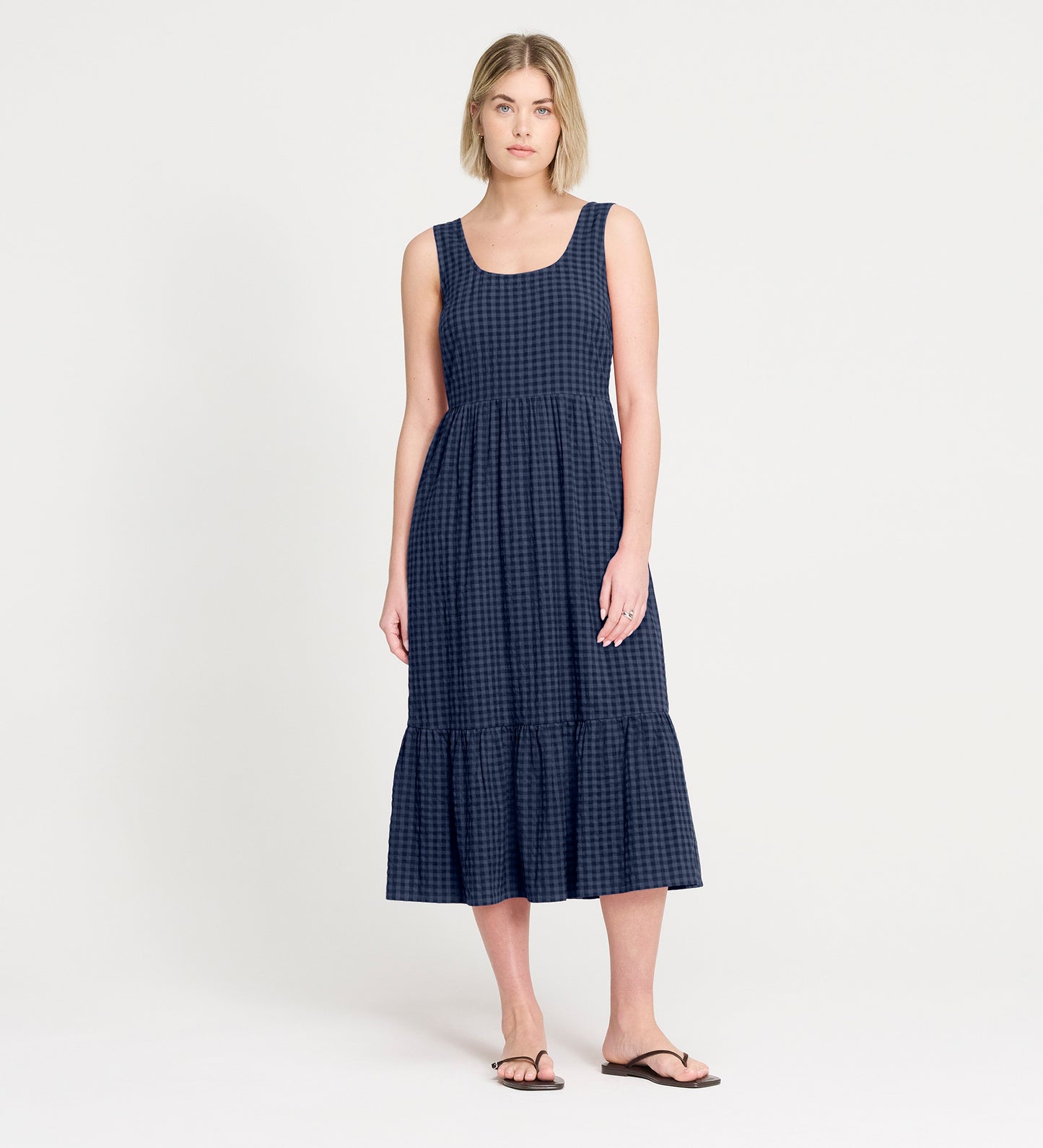 Cara Navy Gingham Seersucker Tiered Midi Dress