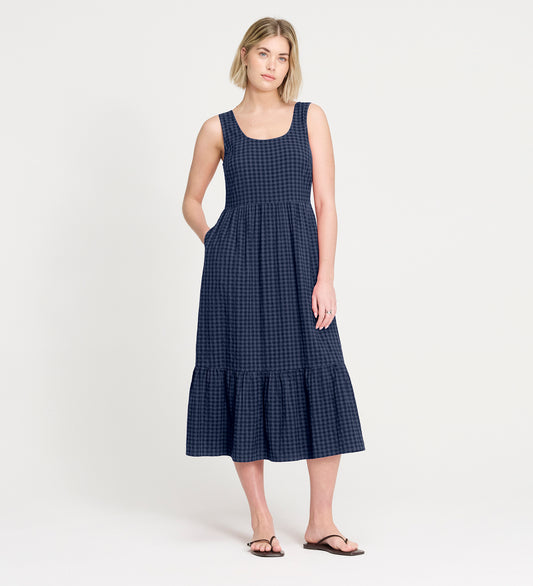 Cara Navy Gingham Seersucker Tiered Midi Dress