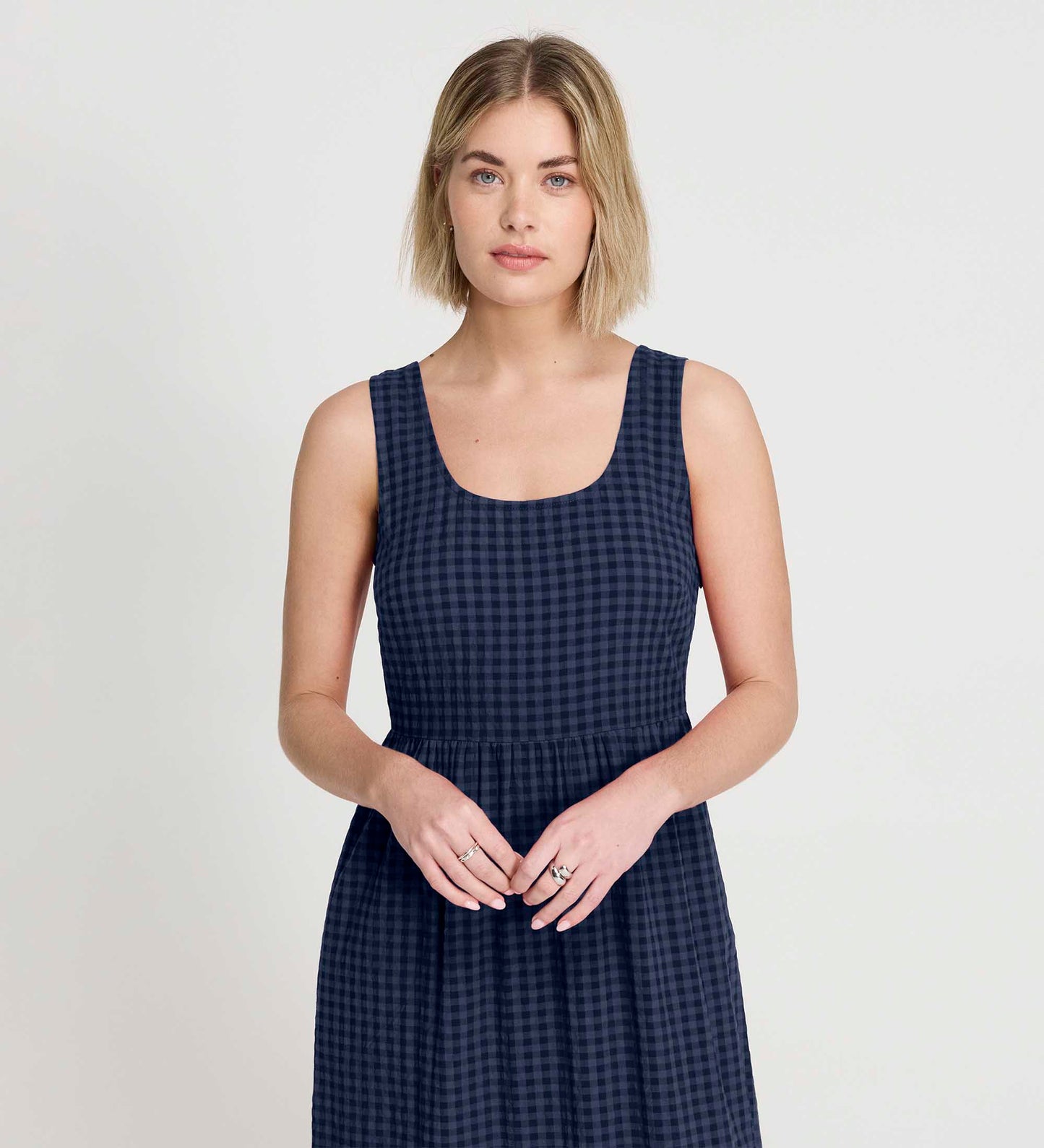 Cara Navy Gingham Seersucker Tiered Midi Dress