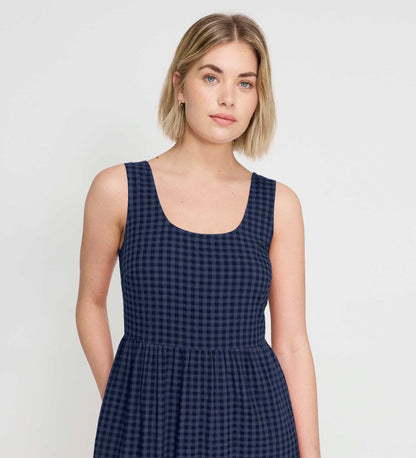 Cara Navy Gingham Seersucker Tiered Midi Dress