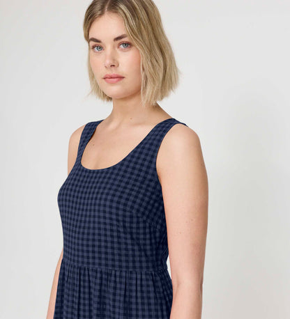 Cara Navy Gingham Seersucker Tiered Midi Dress