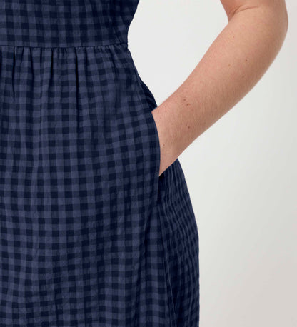 Cara Navy Gingham Seersucker Tiered Midi Dress
