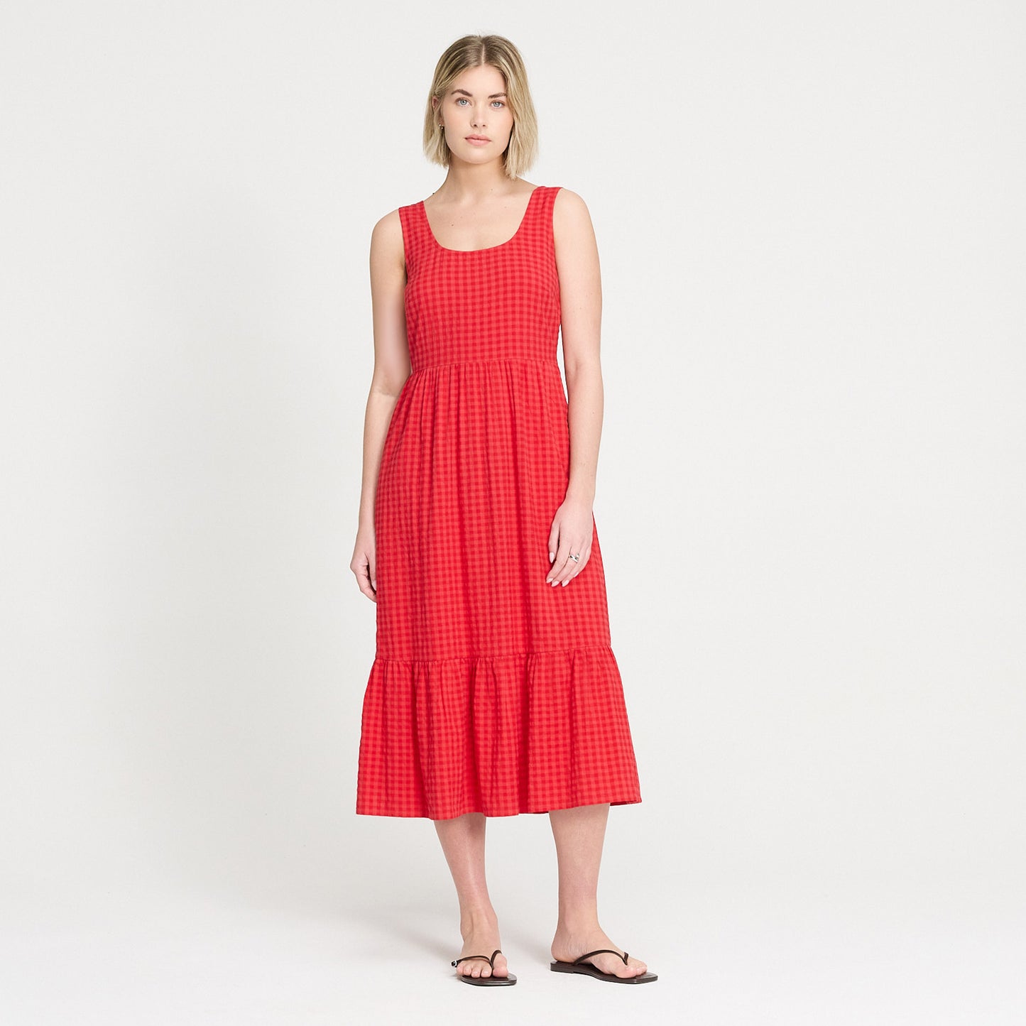Cara Pink Gingham Seersucker Tiered Midi Dress