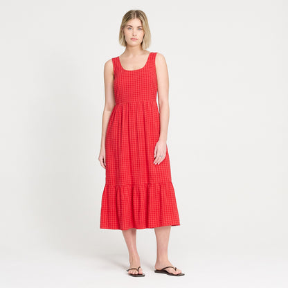 Cara Pink Gingham Seersucker Tiered Midi Dress