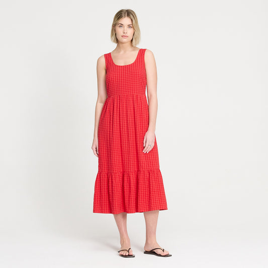 Cara Pink Gingham Seersucker Tiered Midi Dress