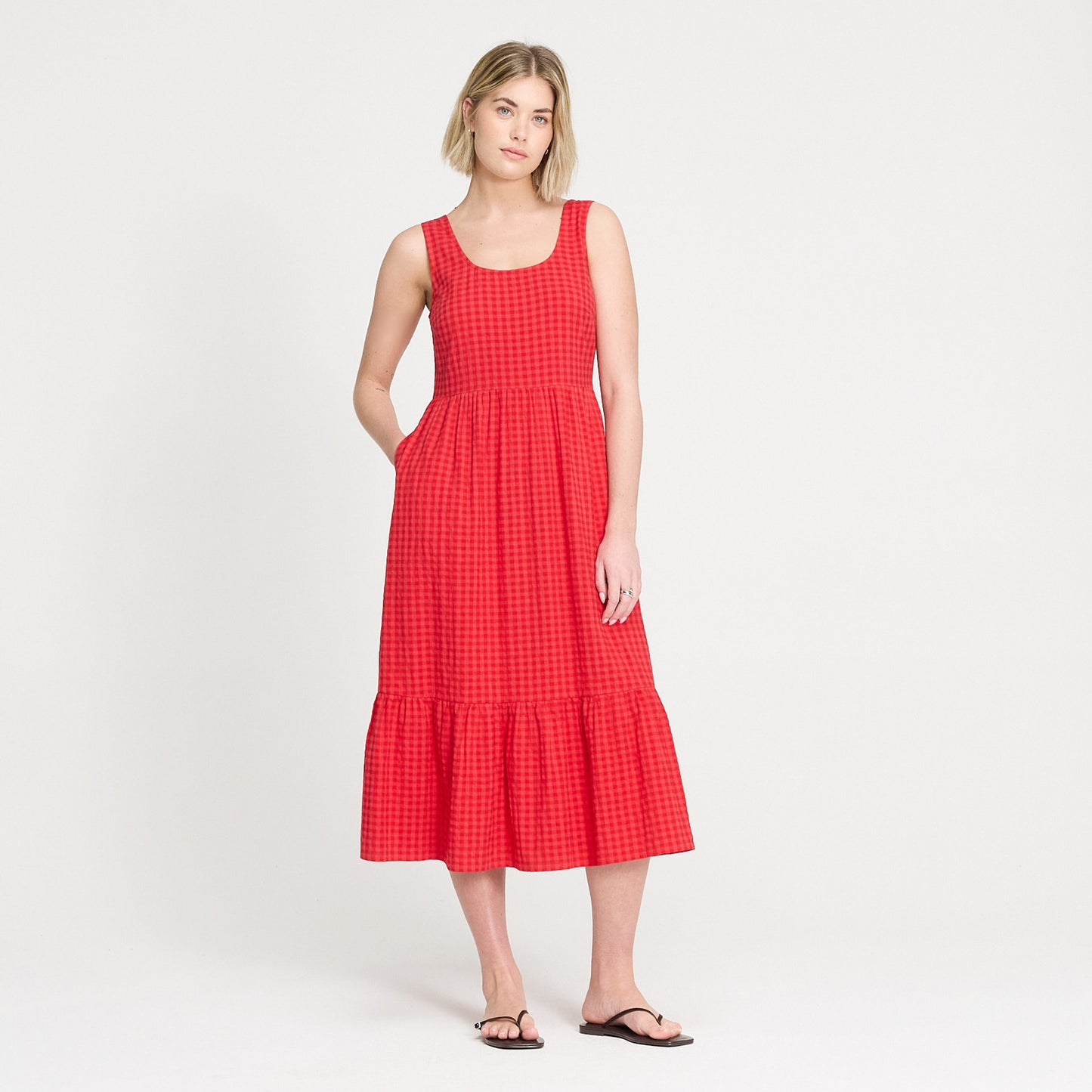 Cara Pink Gingham Seersucker Tiered Midi Dress
