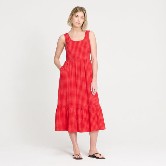 Cara Pink Gingham Seersucker Tiered Midi Dress