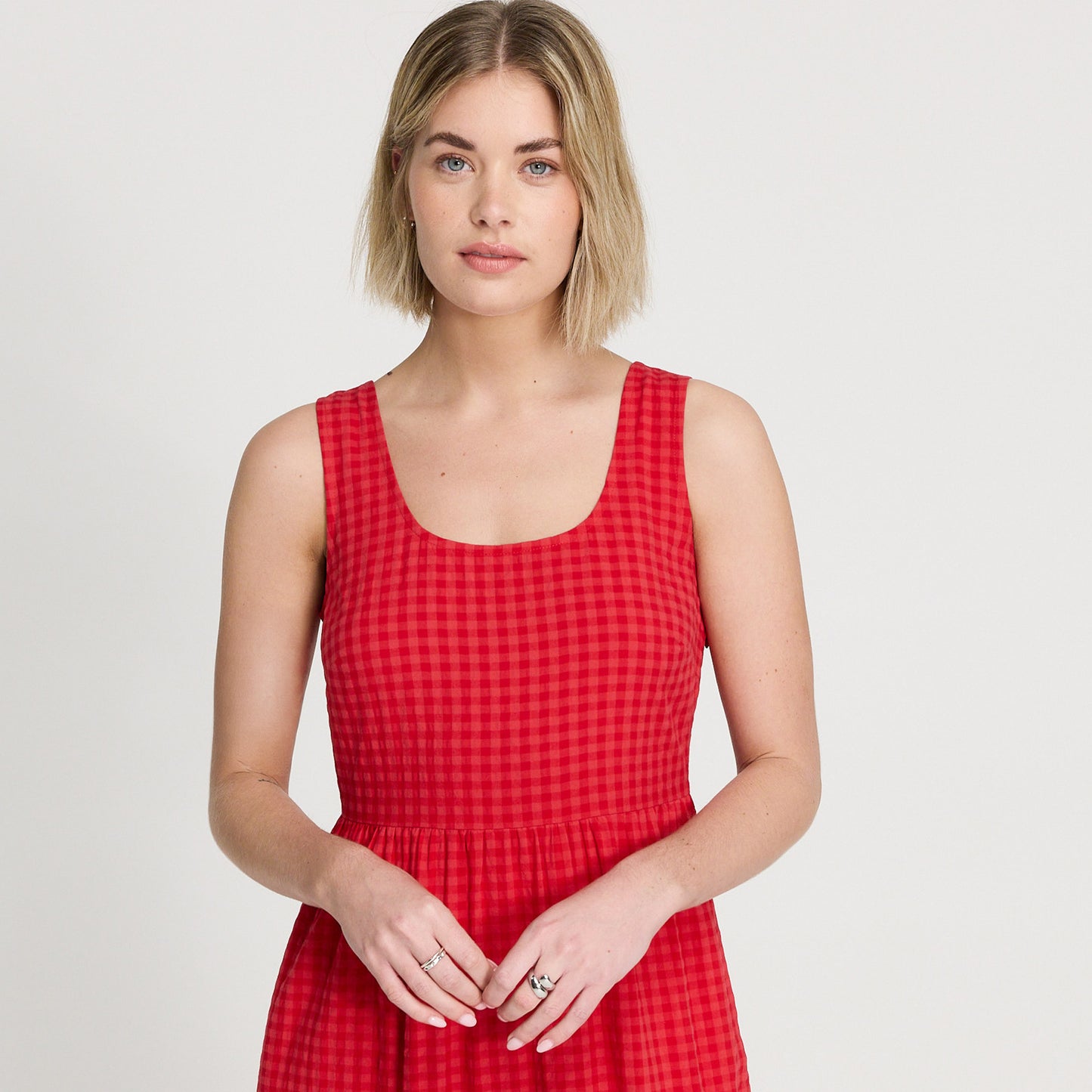 Cara Pink Gingham Seersucker Tiered Midi Dress