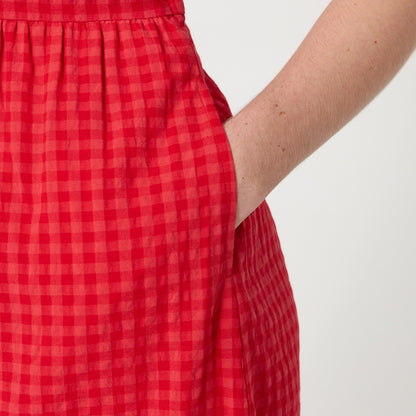 Cara Pink Gingham Seersucker Tiered Midi Dress