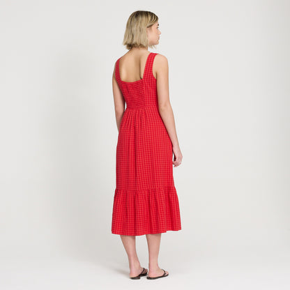 Cara Pink Gingham Seersucker Tiered Midi Dress