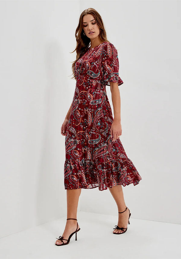 Jennifer Burgundy Paisley Satin Stripe Dress