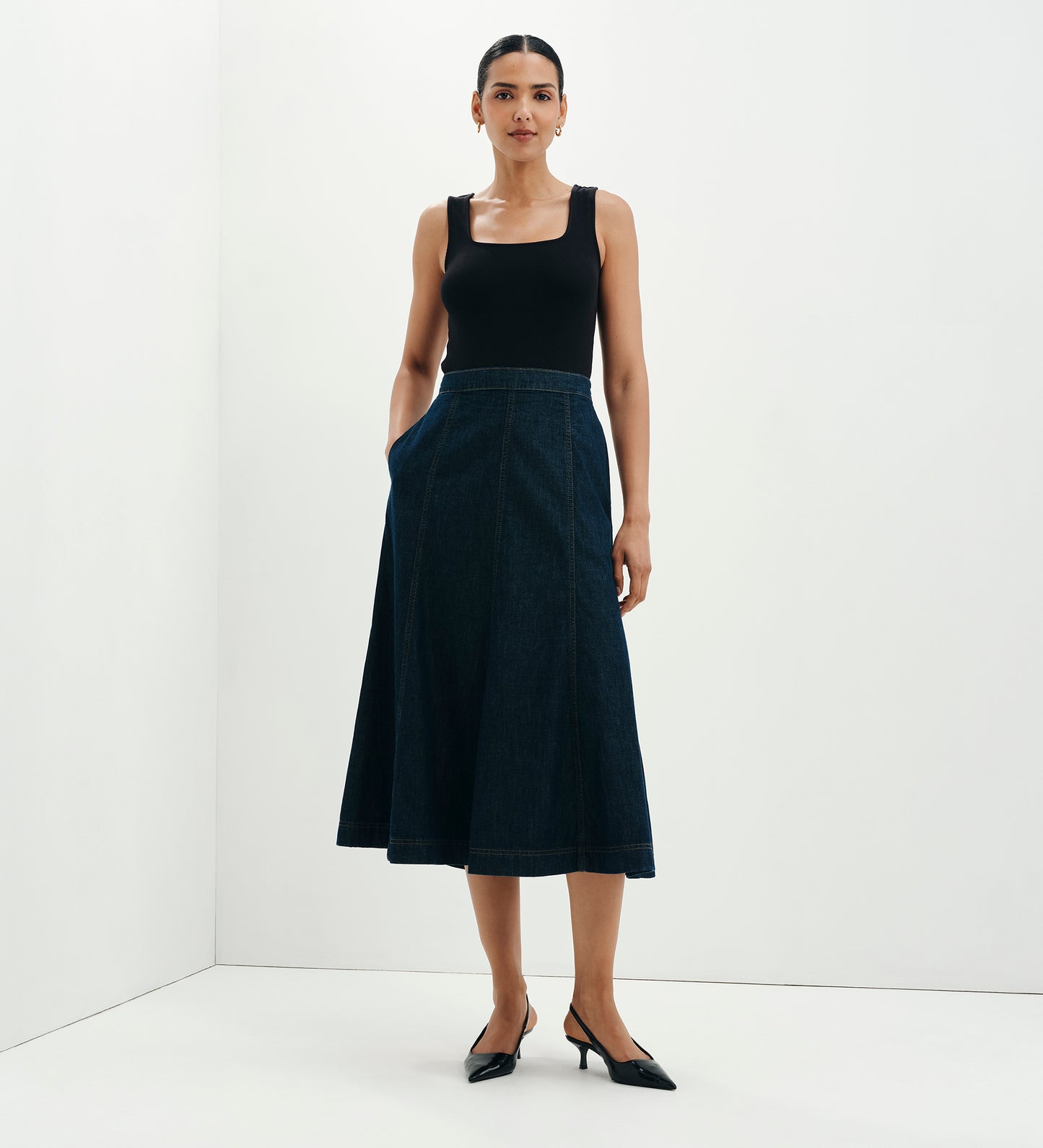 Dana Indigo Denim Flare A-Line Midi Skirt
