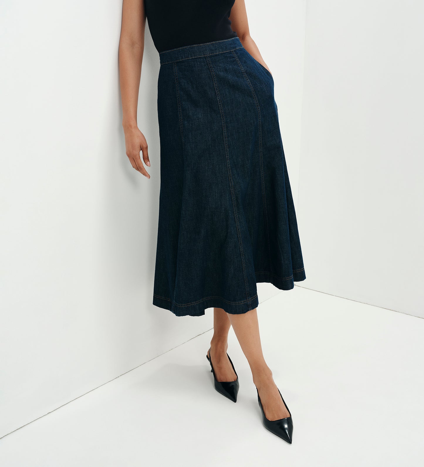 Dana Indigo Denim Flare A-Line Midi Skirt