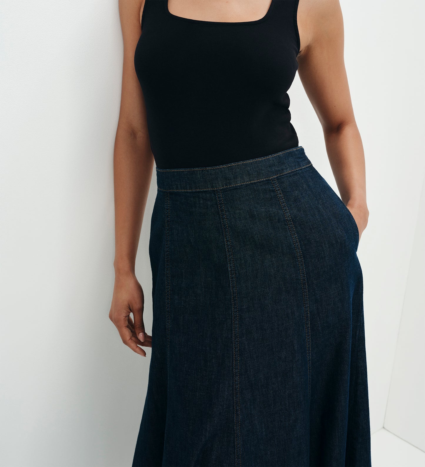 Dana Indigo Denim Flare A-Line Midi Skirt