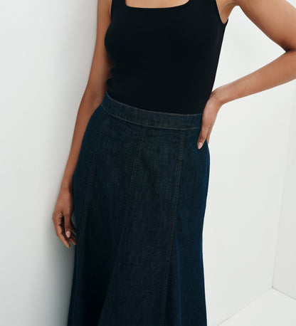 Dana Indigo Denim Flare A-Line Midi Skirt