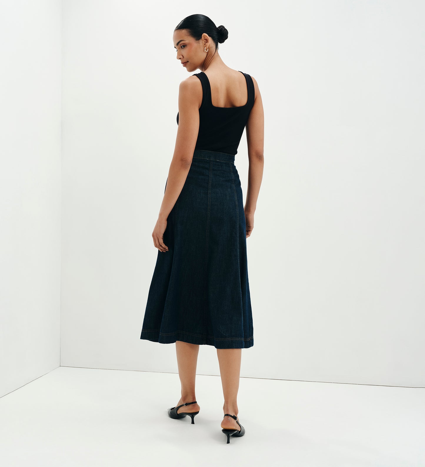 Dana Indigo Denim Flare A-Line Midi Skirt