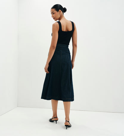Dana Indigo Denim Flare A-Line Midi Skirt