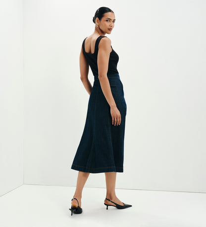 Dana Indigo Denim Flare A-Line Midi Skirt