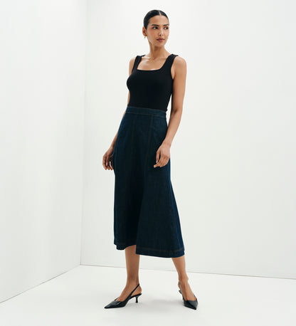 Dana Indigo Denim Flare A-Line Midi Skirt