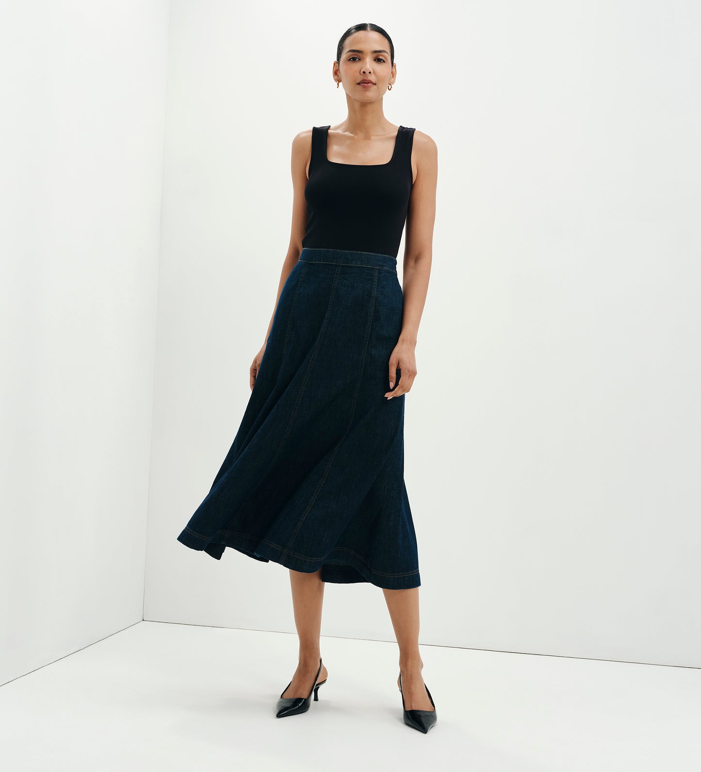 Dana Indigo Denim Flare A-Line Midi Skirt
