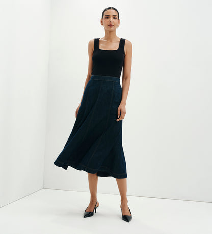 Dana Indigo Denim Flare A-Line Midi Skirt