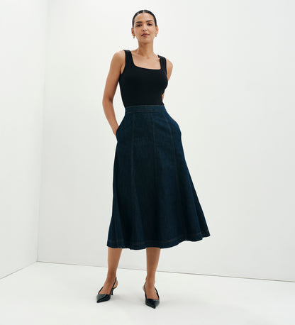 Dana Indigo Denim Flare A-Line Midi Skirt